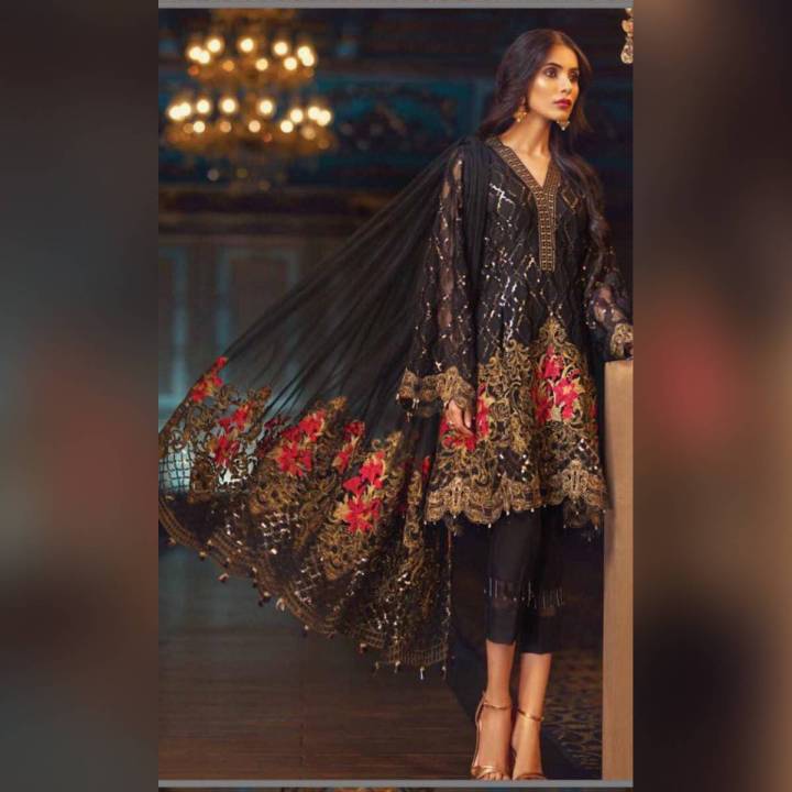 Black Chiffon Suit Embroidered 3 Piece Suit Un Stitch