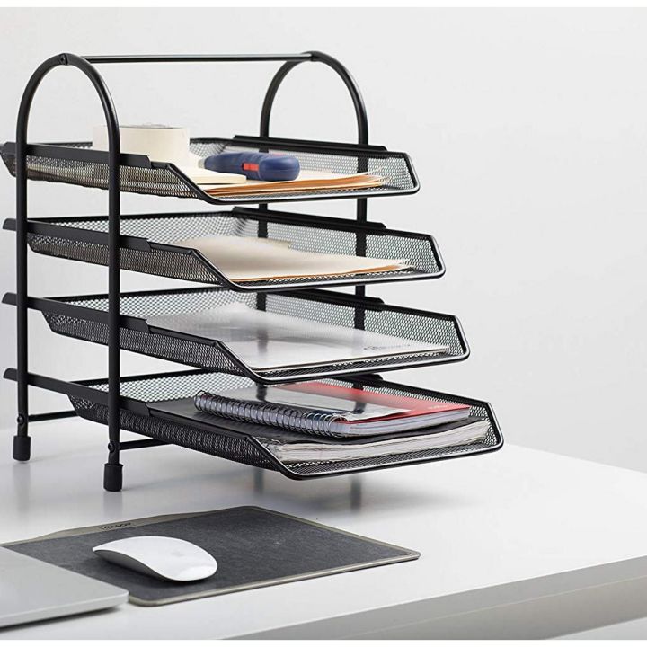 Office 4 Tier Heavy Duty Metal Desktop Letter Tray File Organizer Sorter Desk Document Organizer Shelf Tray Magazine Holder Paper File Newspaper Organizer Tray - Black