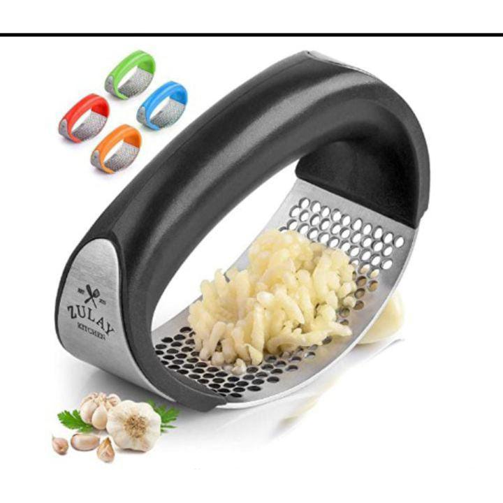Stainless Steel Garlic Press Rocker - Premium Garlic Mincer With Silicone Peeler & Scraper - Arc Shape Design Garlic Crusher With Comfortable Grip Used For Peeling Garlic Ginger Lemmon And More