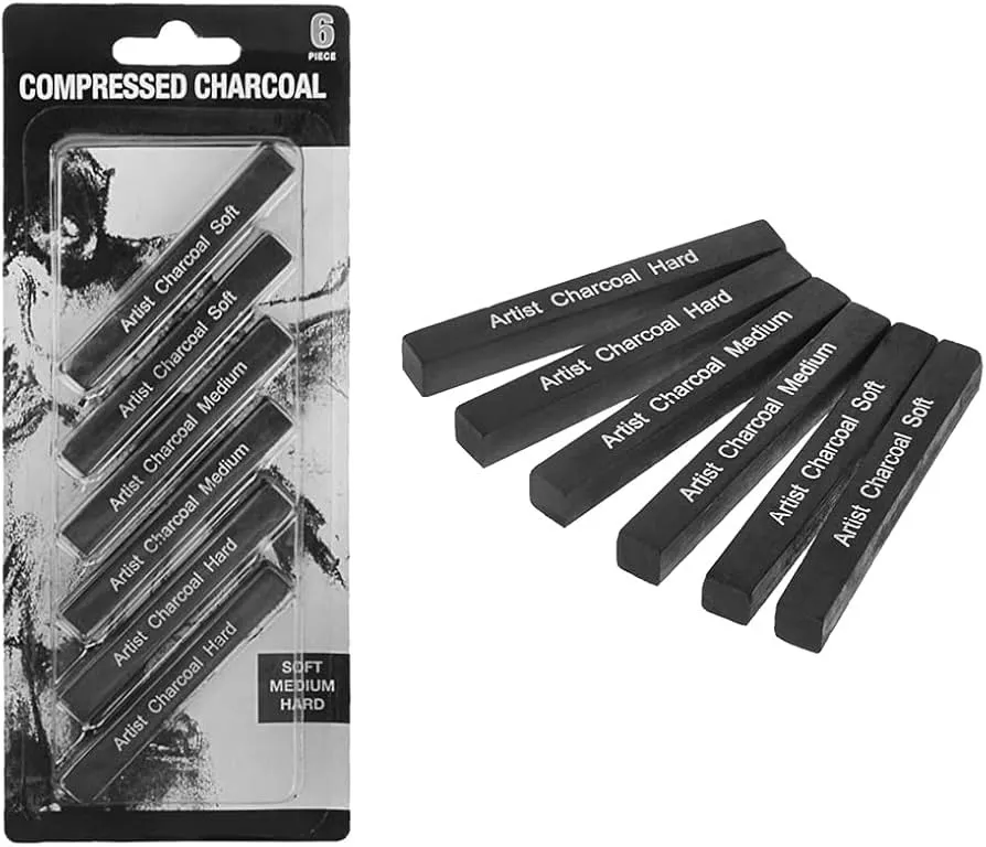 MYARTOOL Compressed Charcoal Sticks, 2 Soft, 2 Medium, 2 Hard Assorted Charcoal