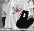 CUTE UNICORN Tag Printed Summer Tracksuit For Women & Girls Tee-shirt with trousers New Design Round Neck Half Sleeves T Shirts Top Quality Gym Wear/Casual and comfortable Pair T-Shirt and Trouser. 