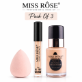 MISS ROSE 3 Pcs Natural Finish Foundation & Concealer Set - Long-Wear, Oil-Control with Blender Sponge makeup Deal. 