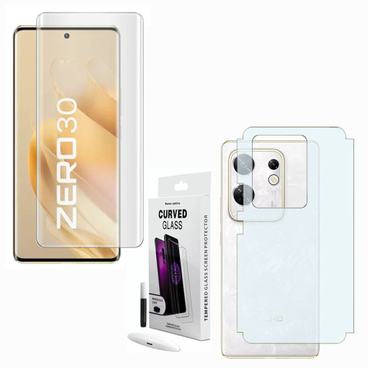 2 in 1 - Infinix Zero 30 4G Complete UV Nano Tempered Glass Screen Protector Full Glue Edge to Edge Curved UV Glass 3D Tempered Screen Guard + Back Matte Protector For infinix zero30 4g - Transparent