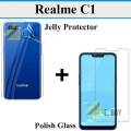 Realme C1 Tempered Glass Screen Protector Polish Glass  + Back Clear Jelly Protector Soft Film Protection Hydrogel Film Protector For Realme C1. 