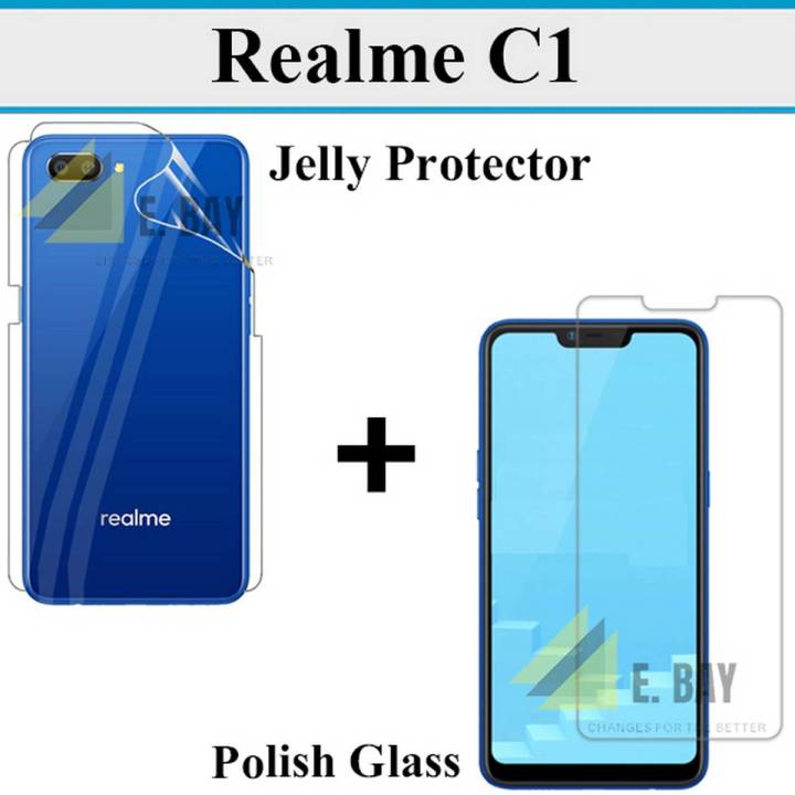 Realme C1 Tempered Glass Screen Protector Polish Glass  + Back Clear Jelly Protector Soft Film Protection Hydrogel Film Protector For Realme C1