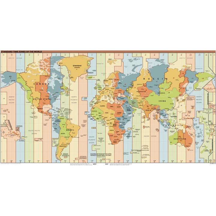 World Time Zone Map Big Panaflex Poster Educational Chart School Office Decoration