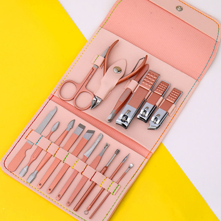 Professional 16pcs Manicure Set Stainless Steel Nail Clipper Set Nail Scissors Tweezer Foot Hand Care Tools Grooming Kit with PT Leather Casing