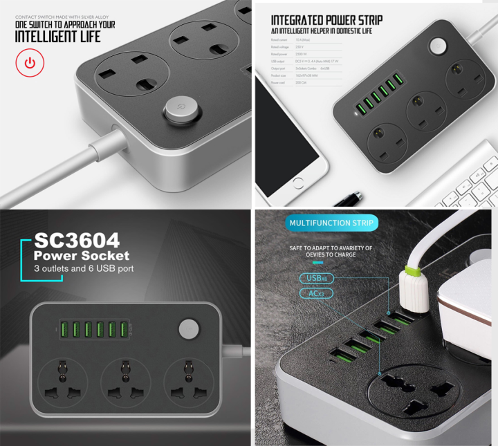 Original Smart Extension Cord Wire Board Multi Socket Lead Universal with 6 USB Ports and 3 Sockets 2500W/10A 6.5ft/200cm Premium Quality