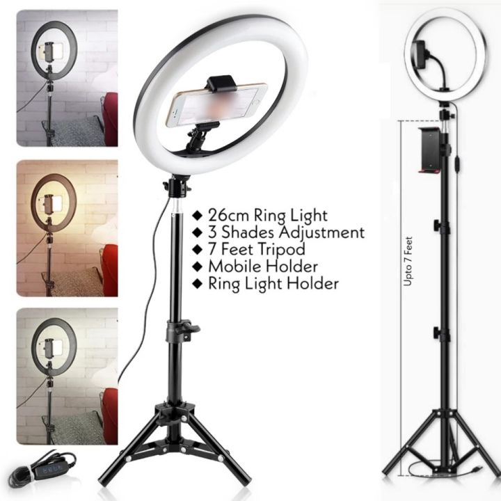 26cm%20Ring%20Light%20with%207ft%20Aluminium%20Tripod%20Stand%20&%20Mobile%20Holder%20(3%20Shades%20in%20Light)%20-%20Image%203