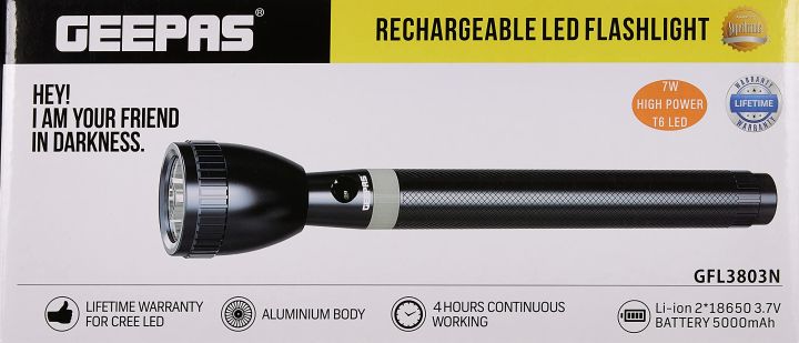 Geepas CREE LED Torch - Rechargeable LED Flashlight – Super LED Torch Light, 2000M Distance Range - Powerful Torch for Camping Hiking Cycling & Outdoor Activities – 2 Year Warranty