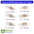 Pack of 60 Resistors 1/4W – Assorted 100Ω, 220Ω, 330Ω, 10KΩ, 56KΩ, 1MΩ (10 pcs each) Through-Hole Carbon Film Resistor Kit for Arduino, DIY Electronics & Repair by Electrica. 