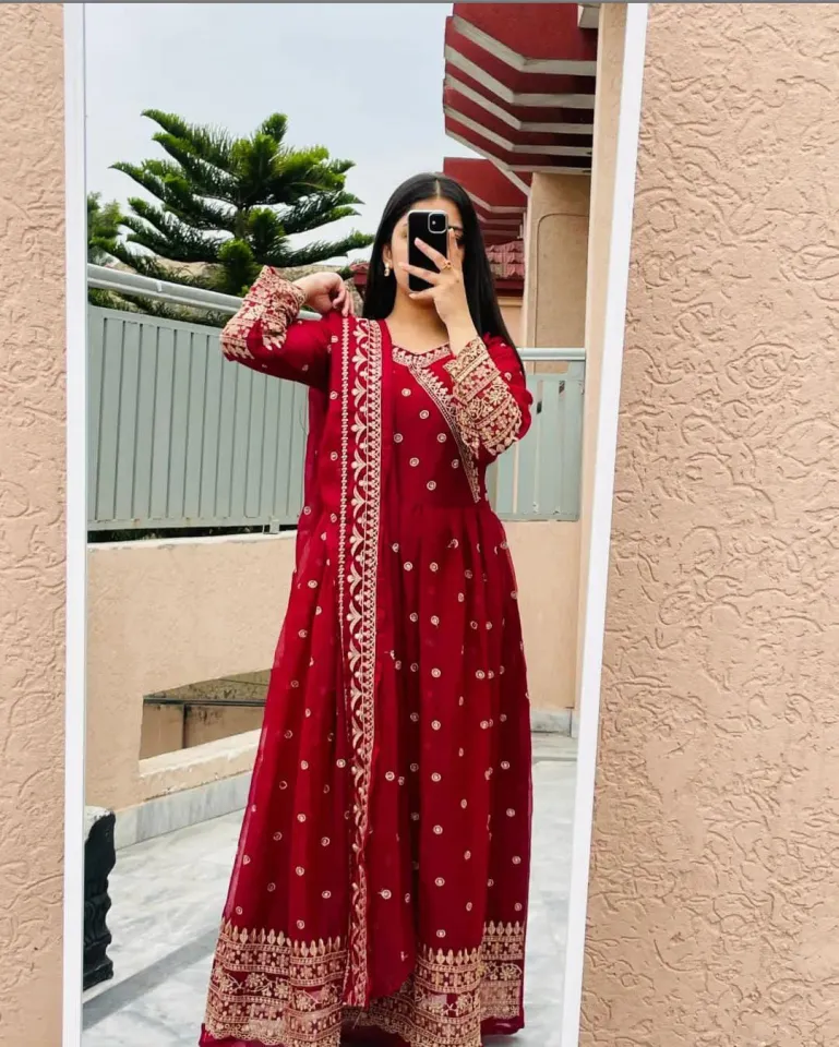 Embroidered Dress -- Stitched Heavy Embroidery Long Maxi -- Chiffon Dresses  -- Border And Neck Embroidery Handwork Long Maxi -- Ful Emb Dupatta 3Pcs --  Women & Girls