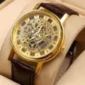 Gold Skeleton Watch Brown Leather Stylish Straps Watch For Boy/Man. 