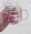 200ml Double Wall Glass Mug with Dry Flowers, Elegant Double Wall Glass Coffee Tea Mug with Sturdy Handle, Clear Insulated Glass Espresso Cup, Insulated Layer Coffee Cup, Flower Cup Aesthetic Mug. 