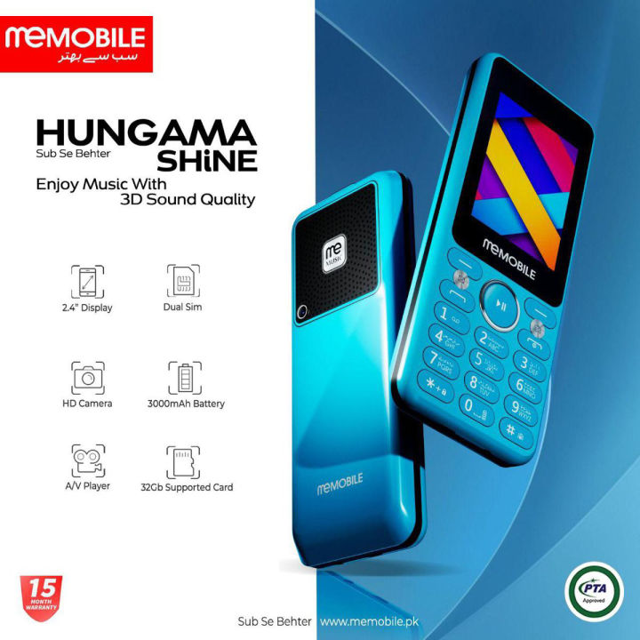 Memobile Hungama Shine, 2.4 Inch Display with 4000mAH Big Battery, Dual sim, PTA Approved with 15 months brand warranty, Auto call recording, Wireless FM radio, Powerful LED Torch, Powerful Speaker, Beautiful Design & Color, Bluetooth Dailer