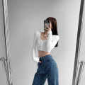 Women Button Down Crop Tops, Casual Long Sleeve Notched V Neck Solid Color Knit T-Shirts. 