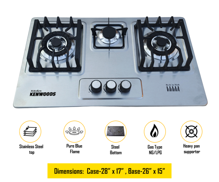 Kitchen Kenwoods 3 burner Stainless Steel Top Gas Hob with Automatic Ignition System(Both LPG And NG Models Available)