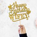 Happy Birthday Wifey Cake Topper for Cake Decoration, Birthday Party Celebration Toppers in Gold. 