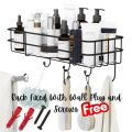 "Multipurpose Wall-Mounted Storage Rack - 1 Layer Metal Shelf with Hooks, Black Metal Shelf, Shower & Bathroom Storage Organizer, Kitchen Wall Rack, Durable Punch Frame, Space-Saving Design". 