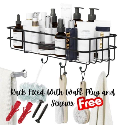 "Multipurpose Wall-Mounted Storage Rack - 1 Layer Metal Shelf with Hooks, Black Metal Shelf, Shower & Bathroom Storage Organizer, Kitchen Wall Rack, Durable Punch Frame, Space-Saving Design"