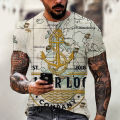 2022 Men's Summer Personality Youth World Map 3D Printing Ocean Anchor O Neck Short Sleeve T-Shirt. 