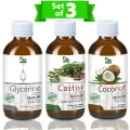 Set of 3  Castor oil  Coconut Oil  Glycerin Oil - 100% Pure & Natural Best for Skin & Hair care Recipes. 