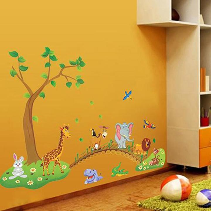 3D Kids Room Decor Removable Cartoon Jungle Forest Trees Animal Wall Sticker
