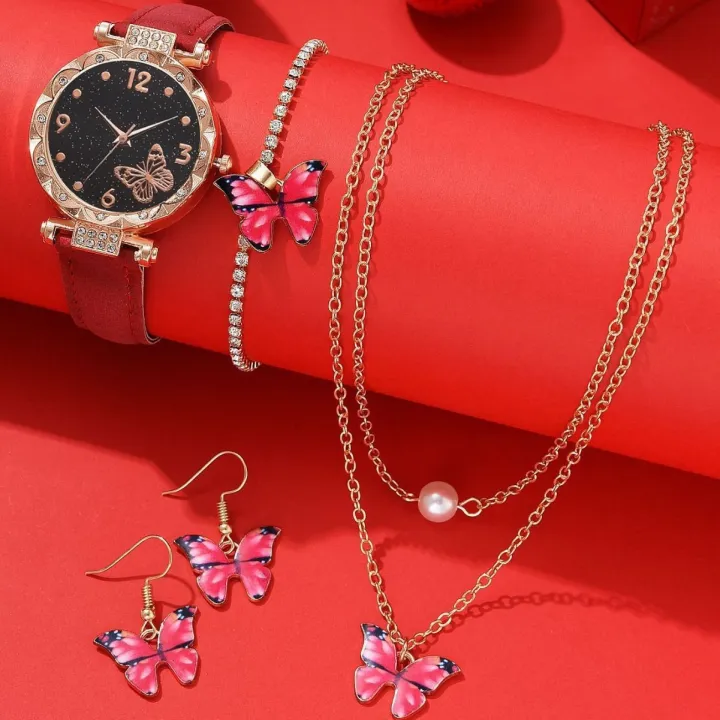 New%20Arrival!%205pcs%20Fashion%20Women's%20Quartz%20Watch%20Set%20with%20Butterfly%20Elements%20Bracelet%20Necklace%20&%20Ear%20Pendants%20in%20Multiple%20Colors%20for%20Comfortable%20Wearing%20Rhinestone%20Romantic%20Watch%20-%20Image%205