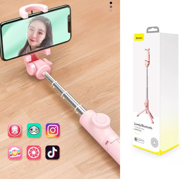 BASEUS 210 Degree Up And Down LOVELY FOLDABLE Bluetooth Selfie Stick + Tripod Stand For TIK TOK / LIVE STREAM Suitable With Most Of Mobile Phones