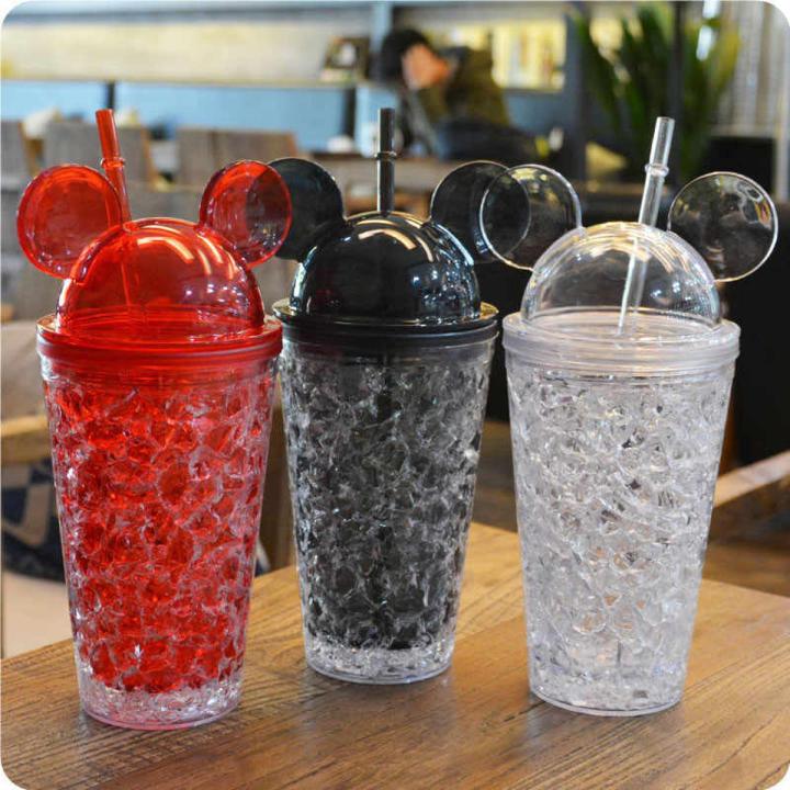 Cool Summer Mickey Ice Crack Straws Smoothie Maker Cup Small Frozen Plastic Milkshake Smoothie Cups Iced Drinks Mug - 650ml