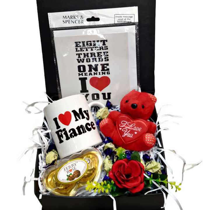 Fiance gift box for boys / girls - surprise for fiancee - i love my fiance mug - teddy bear - heart shaped chocolate - Rose flower - greeting card /  birthday - engagement anniversary - love - valentine - new year