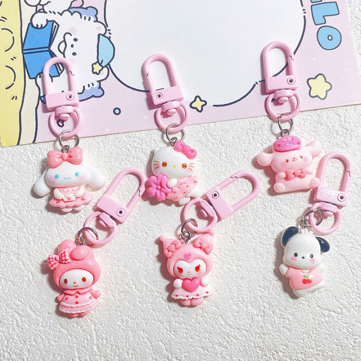 1PC Car Keyring Pink Sanrio Anime Keychain Hello Kitty Melody Kuromi Cinnamoroll Cartoon Dolls Action Figure Model Bags Pendant JIJIN
