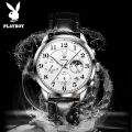 American Brand PLAYBOY Original Men's Watch Waterproof Leather strap Multifunctional Chronograph Anniversary Gift for Men  Calendar Luminous. 
