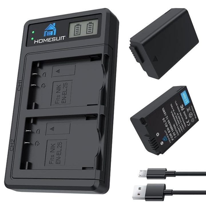 HOMESUIT EN-EL25 Battery 2-Pack 1600mAh with big LCD USB Dual Charger Compatible with Nikon Z30 Z50 ZFC Camera 4241 EN-EL25 Battery MH-32 Charger