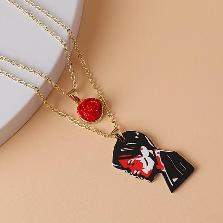 2Pcs Rock Band My Chemical Romance Necklace MCR Three Cheers Couple Mismatch Necklaces Rose Flower Double Layer Necklace Jewelry