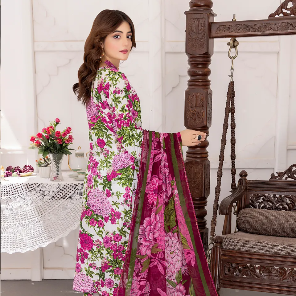 Stylish 3 Pcs Pink Dress Lawn Collection Embroidered Shirt and Trouser with Chiffon Dupatta Dress