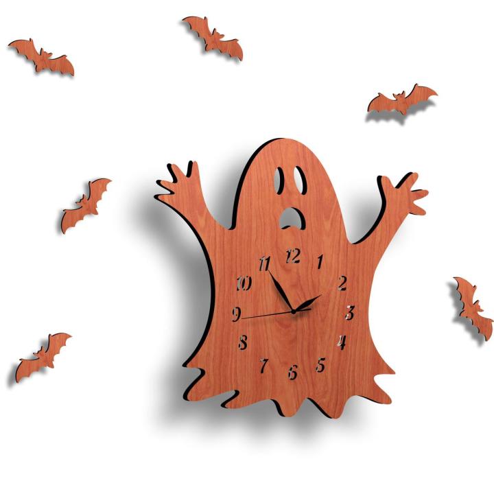 Ghost Wall Clock with Flying Bats Around, 3D Laser Cut Ghost Wall Clock for Kids