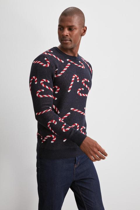 Trendyol Collection Navy Blue Men's Jacquard Christmas Themed Sweater TMNAW20KZ0781