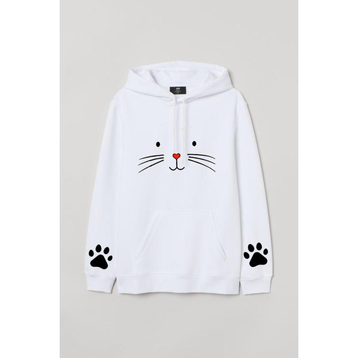 Meow 2 With Paw Printed Kangaroo Hoodie For Women