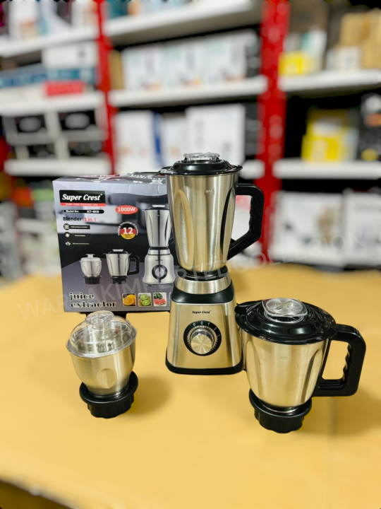 Super Crest 3 in 1 Blender Set - Food Factory - Steel Blender Choper, Grinder and smoothie maker 1000W Powerful Motor with 6 Sharp Blades - 3 in 1 Juice Blender Grinder Machine