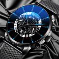 Geneva Watch Men's Fashion Business Calendar Watches Blue Stainless Steel Mesh Belt Analog Quartz Wristwatch Jam Tangan. 