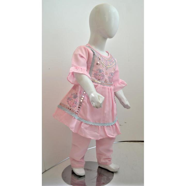 Girl Fancy Cotton Summer Dress For Occusion 1 to 6 Year Kameez and Trouser Set in Pink, Sea Green  and Brown Color