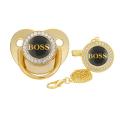 BPA Free Boss Letter Print Baby Pacifier with Chain Clip Newborn Luxury Bling Pacifier Silicone Dummy Soother Chupeta 0-18 M. 