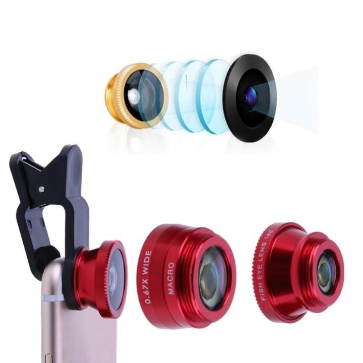3 In 1 Wide Angle Macro Fish Eye Lens Universal Mobile Phone Fisheye Lenses For iPhone Samsung Huawei Xiaomi Redmi Camera Kits-Red
