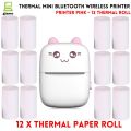 Pocket Inkless Mini Printer - 12 x Sticky Paper Roll & 12 x Thermal Paper Roll - Thermal Portable Bluetooth Wireless Mini Printer For Kids - For Photo, Picture, Office Receipt, Label Note, QR Code - Compatible With IOS & Android - Pink & Blue. 