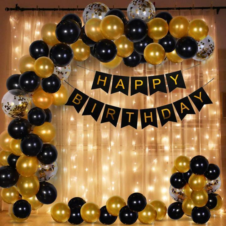 Happy Birthday Black & Gold Theme-Including Birthday Banner, 30 Latex Gold & Black Balloons and 3 confetti balloons with Gold still light, Birthday-TPN