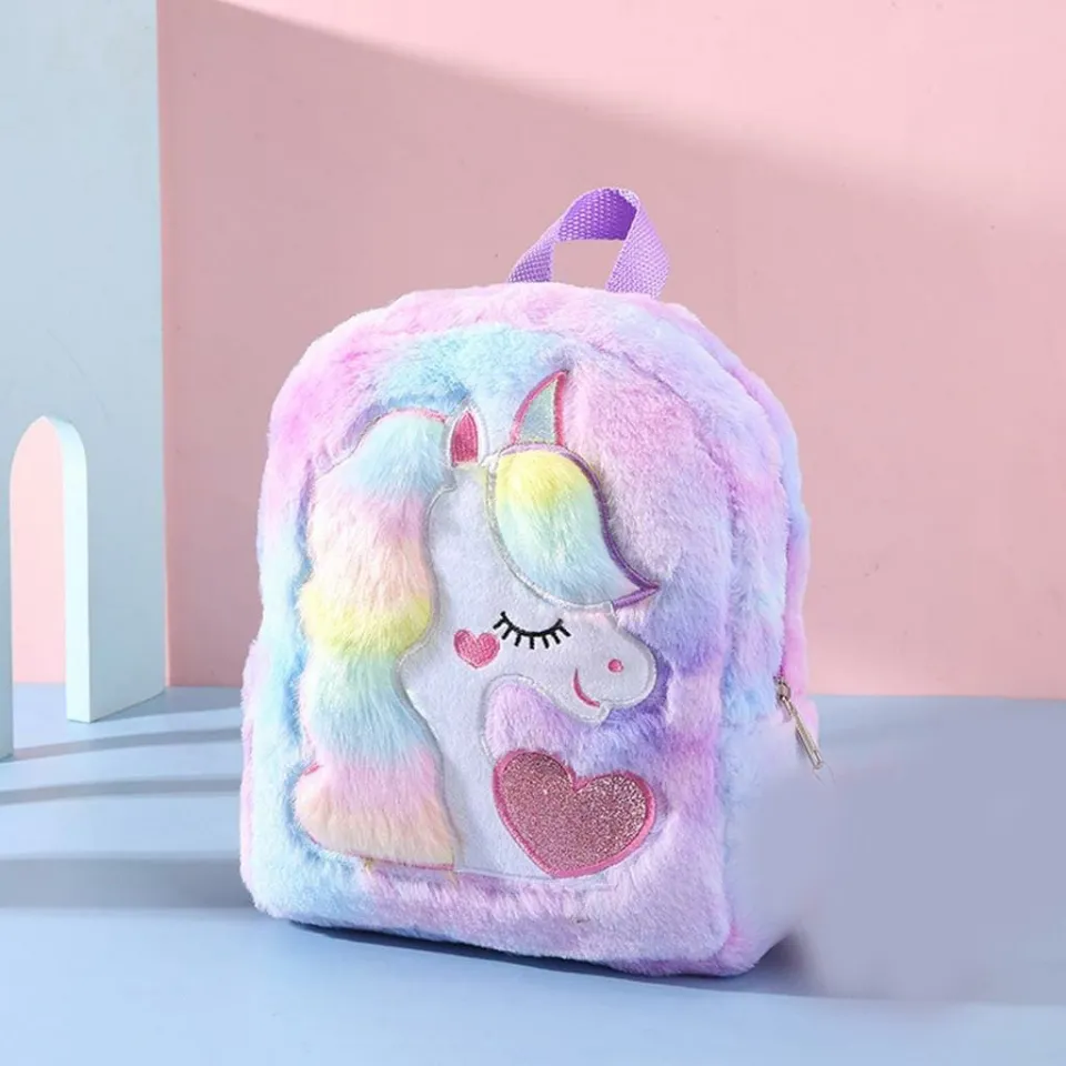 2024 Unicorn Kids School Bag Plush cute kids bag unicorn Faux Fur Rainbow Shoulder Backpack Fluffy Pastel Unicorn bag Daraz.pk