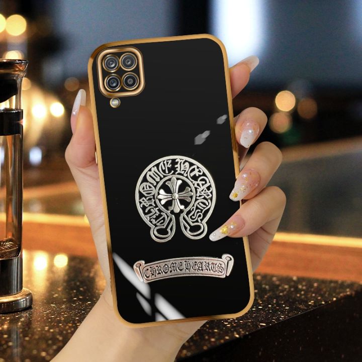 FELMYST Chrome Hearts Phone Case For Samsung Galaxy A12 Luxury Fashion Trendy Brand Metal Plating Mobile Casing Square Girl Gift Square Shockproof Back Soft  Cover