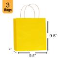 Yellow Gift Bags Kraft Paper Gift Bag for Birthday Wedding Eid Goody Bag twisted Rope Handle - size 9.5 x 4 x 9.5 inches Pack of 3. 