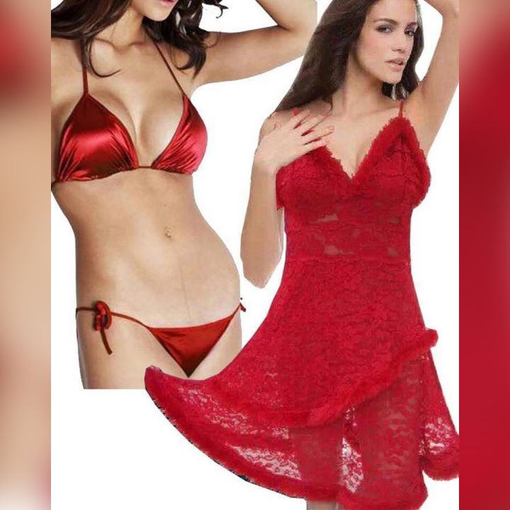 Set Of 3 - Hot Sexy Nighty & Sexy Bikni Set - Red